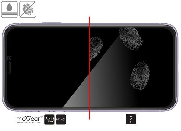 Zalety powierzchni oleofobowej szkła ochronnego moVear GLASS mSHIELD 2.5D MAX privacy na iPhone 11 Pro / iPhone Xs / X (5.8 Powłoka oleofobowa na matowym szkle hartowanym moVear GLASS mSHIELD 2.5D MAX privacy do Apple iPhone 11 Pro / Xs / X z ekranem o przekątnej 5.8 cala