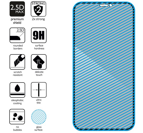 Podsumowanie cech szkła hartowanego moVear GLASS mSHIELD 2.5D MAX privacy na Apple iPhone 11 Pro / Xs / X z ekranem o przekątnej 5.8 cala Najnowsze technologie w szkle hartowanym dla GLASS mSHIELD 2.5D MAX privacy do iPhone 11 Pro / iPhone Xs / X. Ikony cech.