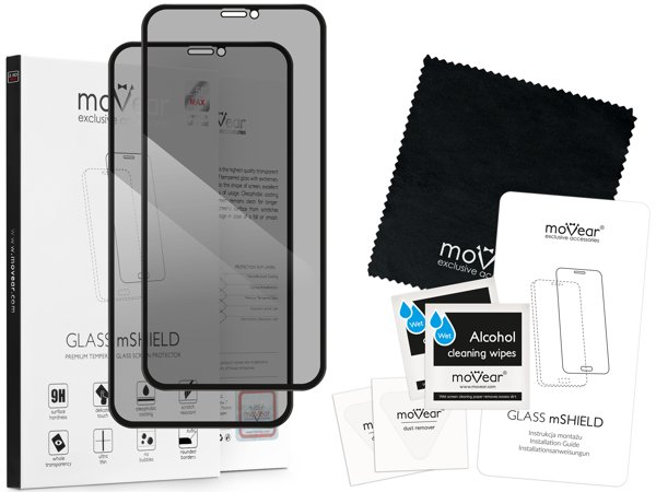 Zawartość zestawu moVear GLASS mSHIELD 2.5D MAX privacy na iPhone 11 Pro / iPhone Xs / X Co zawiera oryginalne opakowanie szkła moVear GLASS mSHIELD 2.5D MAX privacy do iPhone 11 Pro / iPhone Xs / X: