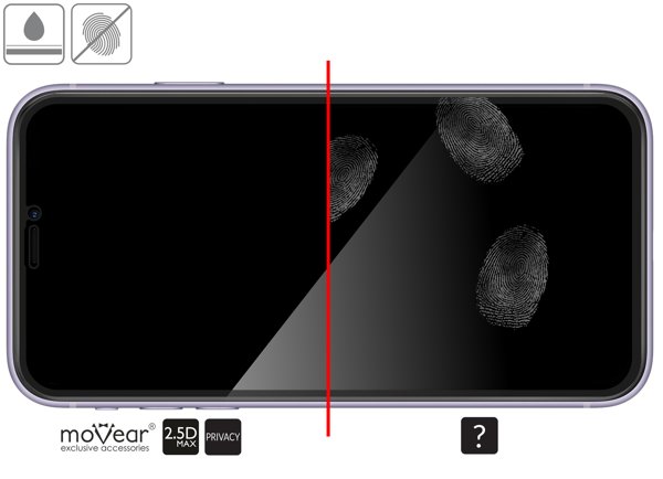 Zalety powierzchni oleofobowej szkła ochronnego moVear GLASS mSHIELD 2.5D MAX privacy na iPhone 11 Pro Max / iPhone Xs MAX Powłoka oleofobowa na matowym szkle hartowanym moVear GLASS mSHIELD 2.5D MAX privacy do Apple iPhone 11 Pro Max / Xs MAX z ekranem o przekątnej 6.5 cala