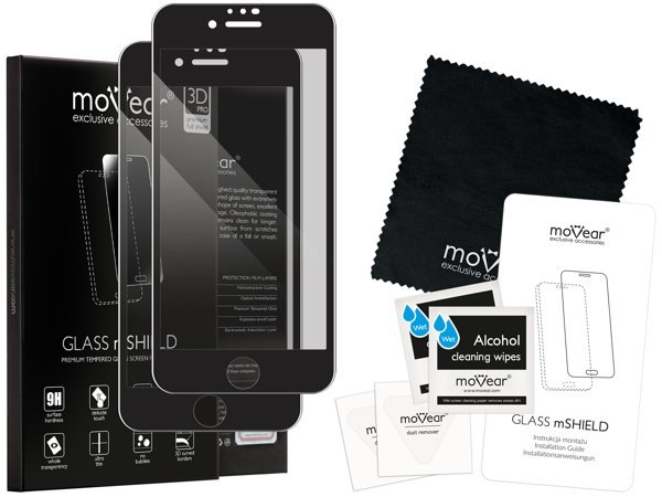 Zawartość zestawu moVear GLASS mSHIELD 3D PRO privacy na Apple iPhone SE 2/3 & 8 / 7 (4.7 Co zawiera oryginalne opakowanie szkła moVear GLASS mSHIELD 3D PRO privacy do Apple iPhone SE 2/3 & 8 / 7 (4.7