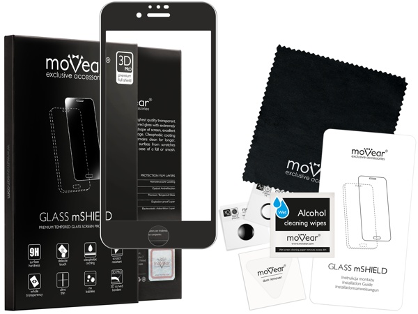 Zawartość zestawu moVear GLASS mSHIELD 3D PRO MATT na Apple iPhone SE (2022 / 2020) / 8 / 7 (4.7 Co zawiera oryginalne opakowanie szkła moVear GLASS mSHIELD 3D PRO MATT do iPhone SE 2022, SE 2020, 8, 7: