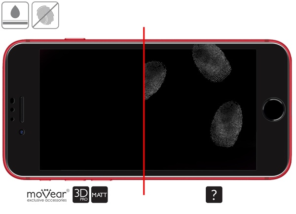 Zalety powierzchni oleofobowej szkła ochronnego moVear GLASS mSHIELD 3D PRO MATT na iPhone SE 2022, SE 2020, 8, 7 (4.7 Powłoka oleofobowa na matowym szkle hartowanym moVear GLASS mSHIELD 3D PRO MATT do Apple iPhone SE (2022 / 2020) / 8 / 7 z ekranem o przekątnej 4.7 cala