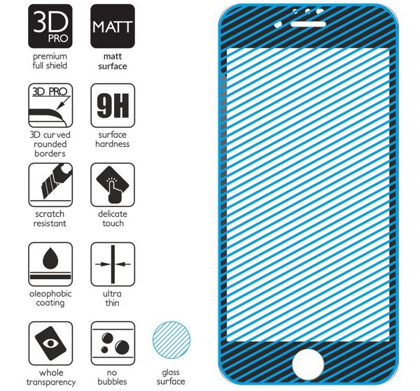 Podsumowanie cech szkła hartowanego moVear GLASS mSHIELD 3D PRO MATT na Apple iPhone SE (2022 / 2020) / 8 / 7 z ekranem o przekątnej 4.7 cala Najnowsze technologie w szkle hartowanym dla GLASS mSHIELD 3D PRO MATT do iPhone SE 2022, SE 2020, 8, 7. Ikony cech.