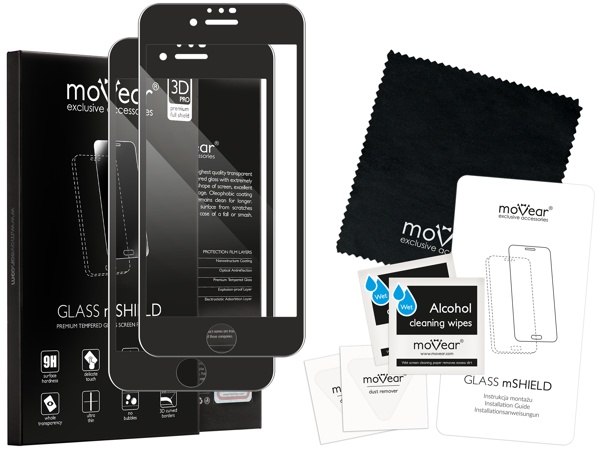 Zawartość zestawu moVear GLASS mSHIELD 3D PRO MATT na iPhone SE 2022, SE 2020, 8, 7 (4.7 Co zawiera oryginalne opakowanie szkła moVear GLASS mSHIELD 3D PRO MATT do Apple iPhone SE (2022 / 2020) / 8 / 7 (4.7