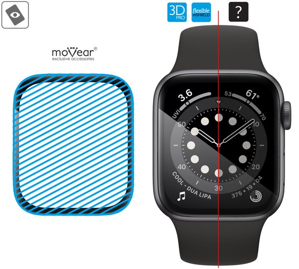 Obszar szklanej powierzchni hybrydowej moVear flexible mSHIELD 3D PRO na Apple Watch 38mm Nowoczesne szkło hybrydowe mHG9™ 9h znajduje się na całej powierzchni protektora moVear flexible mSHIELD 3D PRO do iWatch 3,2,1 (38mm).