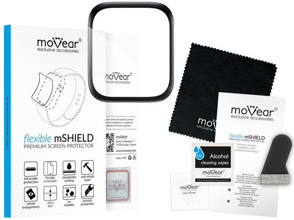 Zawartość zestawu moVear flexible mSHIELD 3D PRO na iWatch 3,2,1 (38mm) Co zawiera oryginalne opakowanie szkła moVear flexible mSHIELD 3D PRO do iWatch 3,2,1 (38mm):