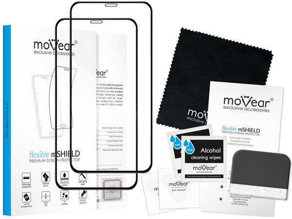 Zawartość zestawu moVear flexible mSHIELD 3D PRO na iPhone 11 / iPhone Xr Co zawiera oryginalne opakowanie szkła moVear flexible mSHIELD 3D PRO do iPhone 11 / iPhone Xr: