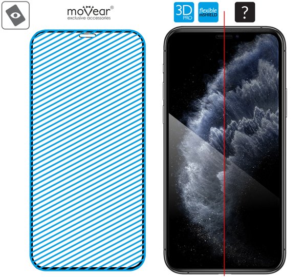 Obszar szklanej powierzchni hybrydowej moVear flexible mSHIELD 3D PRO na iPhone 11 Pro / iPhone Xs / X Nowoczesne szkło hybrydowe mHG9™ 9h znajduje się na całej powierzchni protektora moVear flexible mSHIELD 3D PRO do iPhone 11 Pro / iPhone Xs / X (5.8