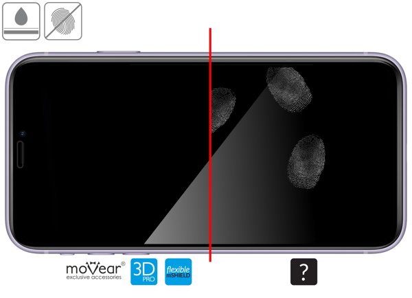 Zalety powierzchni oleofobowej szkła ochronnego moVear flexible mSHIELD 3D PRO na Apple iPhone 11 Pro Max / Xs MAX (6.5 Wysokiej jakości powłoka oleofobowa na szkle hybrydowym moVear flexible mSHIELD 3D PRO do Apple iPhone 11 Pro Max / Xs MAX z ekranem o przekątnej 6.5 cala