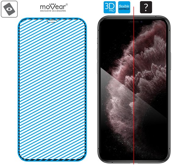 Obszar szklanej powierzchni hybrydowej moVear flexible mSHIELD 3D PRO na Apple iPhone 11 Pro Max / Xs MAX Nowoczesne szkło hybrydowe mHG9™ 9h znajduje się na całej powierzchni protektora moVear flexible mSHIELD 3D PRO do iPhone 11 Pro Max / iPhone Xs MAX.