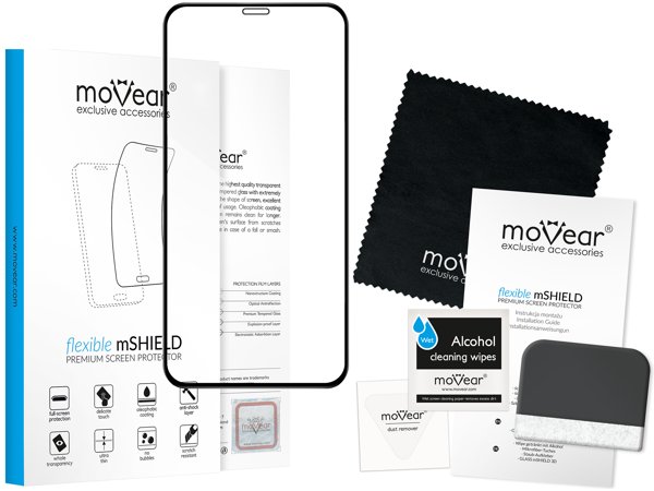Zawartość zestawu moVear flexible mSHIELD 3D PRO na iPhone 11 Pro Max / iPhone Xs MAX Co zawiera oryginalne opakowanie szkła moVear flexible mSHIELD 3D PRO do Apple iPhone 11 Pro Max / Xs MAX: