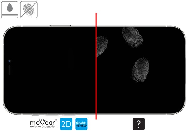 Zalety powierzchni oleofobowej szkła ochronnego moVear flexible mSHIELD 2D na iPhone 12 Mini Wysokiej jakości powłoka oleofobowa na szkle hybrydowym moVear flexible mSHIELD 2D do Apple iPhone 12 Mini z ekranem o przekątnej 5.4 cala