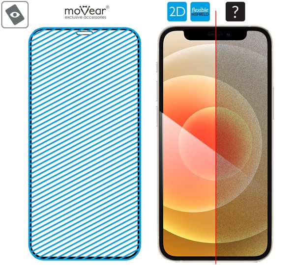 Obszar szklanej powierzchni hybrydowej moVear flexible mSHIELD 2D na Apple iPhone 12 Mini (5.4 Nowoczesne szkło hybrydowe mHG9™ 9h znajduje się na całej powierzchni protektora moVear flexible mSHIELD 2D do Apple iPhone 12 Mini (5.4