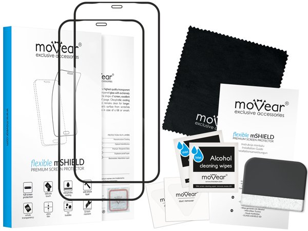 Zawartość zestawu moVear flexible mSHIELD 2D na iPhone 12 Mini Co zawiera oryginalne opakowanie szkła moVear flexible mSHIELD 2D do Apple iPhone 12 Mini (5.4