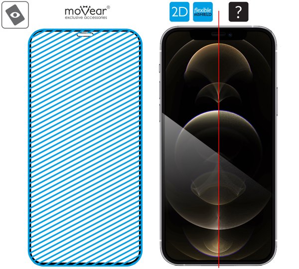 Obszar szklanej powierzchni hybrydowej moVear flexible mSHIELD 2D na Apple iPhone 12 Pro Max Nowoczesne szkło hybrydowe mHG9™ 9h znajduje się na całej powierzchni protektora moVear flexible mSHIELD 2D do iPhone 12 Pro Max (6.7