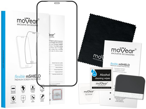 Zawartość zestawu moVear flexible mSHIELD 2D na Apple iPhone 12 Pro Max (6.7 Co zawiera oryginalne opakowanie szkła moVear flexible mSHIELD 2D do iPhone 12 Pro Max (6.7