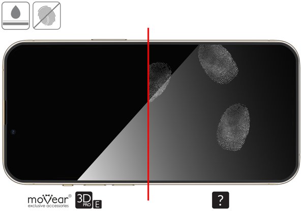 Zalety powierzchni oleofobowej szkła ochronnego moVear GLASS mSHIELD 3D PRO-E na Apple iPhone 16e / 14 / 13 / 13 Pro Wysokiej jakości powłoka oleofobowa na szkle hartowanym moVear GLASS mSHIELD 3D PRO-E do Apple iPhone 16e / 14 / 13 / 13 Pro z ekranem o przekątnej 6.1 cala