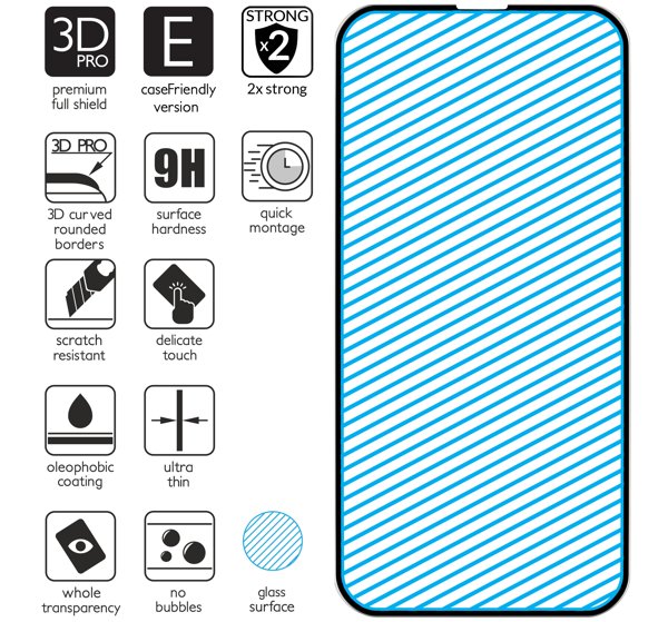 Podsumowanie cech szkła hartowanego moVear GLASS mSHIELD 3D PRO-E na Apple iPhone 16e / 14 / 13 / 13 Pro z ekranem o przekątnej 6.1 cala Najnowsze technologie w szkle hartowanym dla GLASS mSHIELD 3D PRO-E do Apple iPhone 16e / 14 / 13 / 13 Pro (6.1