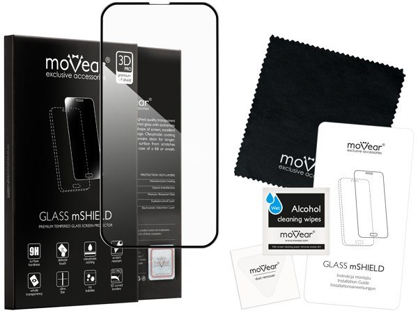 Zawartość zestawu moVear GLASS mSHIELD 3D PRO-E na iPhone 16e / 14 / 13 / 13 Pro Co zawiera oryginalne opakowanie szkła moVear GLASS mSHIELD 3D PRO-E do iPhone 16e / 14 / 13 / 13 Pro: