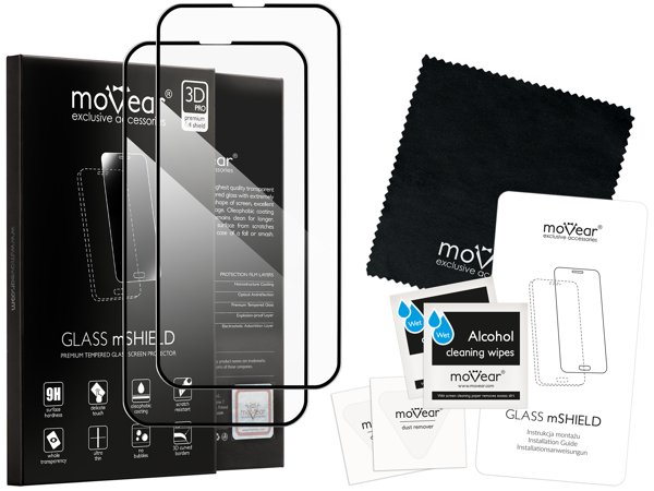 Zawartość zestawu moVear GLASS mSHIELD 3D PRO-E na iPhone 16e / 14 / 13 / 13 Pro (6.1 Co zawiera oryginalne opakowanie szkła moVear GLASS mSHIELD 3D PRO-E do Apple iPhone 16e / 14 / 13 / 13 Pro: