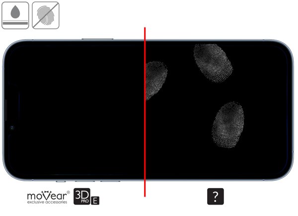 Zalety powierzchni oleofobowej szkła ochronnego moVear GLASS mSHIELD 3D PRO-E na iPhone 14 Plus / 13 Pro Max Wysokiej jakości powłoka oleofobowa na szkle hartowanym moVear GLASS mSHIELD 3D PRO-E do Apple iPhone 14 Plus / 13 Pro Max z ekranem o przekątnej 6.7 cala
