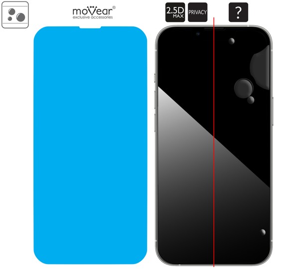 Distribution of the adhesive - adsorption layer - for moVear GLASS mSHIELD 2.5D MAX privacy tempered glass for iPhone 16e / 14 / 13 / 13 Pro Distribution of the adhesive - the adsorption layer - under the entire surface of the moVear GLASS mSHIELD 2.5D MAX privacy glass on Apple iPhone 16e / 14 / 13 / 13 Pro (6.1