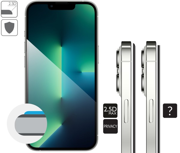Opis graficzny krawędzi 2.5D MAX szkła hartowanego moVear GLASS mSHIELD 2.5D MAX privacy na Apple iPhone 13 Pro / 14 / 13 Zaokrąglone bezpieczne krawędzie 2.5D szkła moVear mSHIELD 2.5D MAX privacy dla Apple iPhone 13 Pro / 14 / 13.