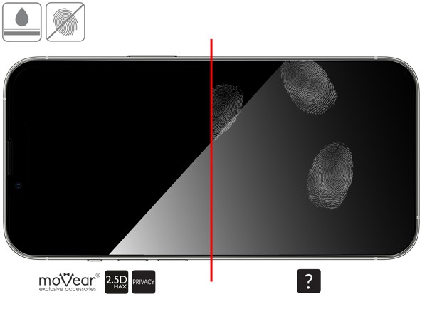 Zalety powierzchni oleofobowej szkła ochronnego moVear GLASS mSHIELD 2.5D MAX privacy na iPhone 14 / 13 / 13 Pro Powłoka oleofobowa na matowym szkle hartowanym moVear GLASS mSHIELD 2.5D MAX privacy do Apple iPhone 14 / 13 / 13 Pro z ekranem o przekątnej 6.1 cala