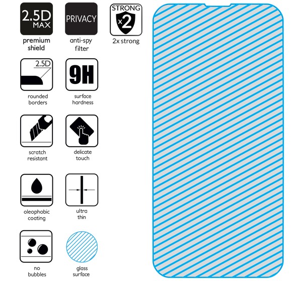 Podsumowanie cech szkła hartowanego moVear GLASS mSHIELD 2.5D MAX privacy na Apple iPhone 14 / 13 / 13 Pro z ekranem o przekątnej 6.1 cala Najnowsze technologie w szkle hartowanym dla GLASS mSHIELD 2.5D MAX privacy do iPhone 14 / 13 / 13 Pro. Ikony cech.