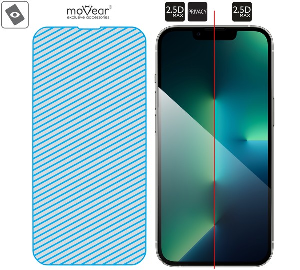 Obszar szklanej powierzchni mARG™ moVear GLASS mSHIELD 2.5D MAX privacy na Apple iPhone 14 / 13 / 13 Pro (6.1 Prawdziwe szkło w technologii mARG™ znajduje się na całej powierzchni protektora moVear GLASS mSHIELD 2.5D MAX privacy do Apple iPhone 13 Pro / 14 / 13 (6.1