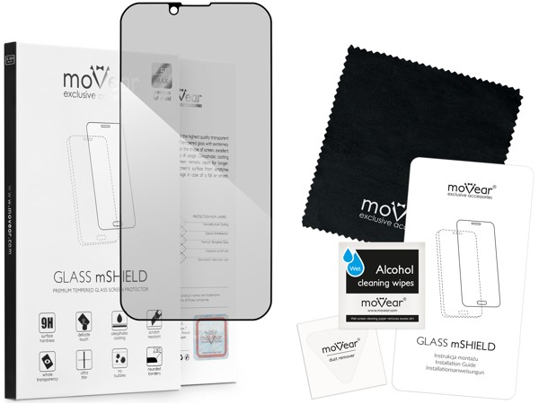 Zawartość zestawu moVear GLASS mSHIELD 2.5D MAX privacy na iPhone 14 / 13 / 13 Pro (6.1 Co zawiera oryginalne opakowanie szkła moVear GLASS mSHIELD 2.5D MAX privacy do Apple iPhone 13 Pro / 14 / 13 (6.1