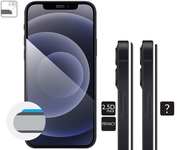 Opis graficzny krawędzi 2.5D MAX szkła hartowanego moVear GLASS mSHIELD 2.5D MAX privacy na Apple iPhone 12 Pro / 12 (6.1 Zaokrąglone bezpieczne krawędzie 2.5D szkła moVear mSHIELD 2.5D MAX privacy dla iPhone 12 Pro / 12.
