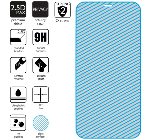 Podsumowanie cech szkła hartowanego moVear GLASS mSHIELD 2.5D MAX privacy na Apple iPhone 12 Pro / 12 z ekranem o przekątnej 6.1 cala Najnowsze technologie w szkle hartowanym dla GLASS mSHIELD 2.5D MAX privacy do Apple iPhone 12 Pro / 12. Ikony cech.