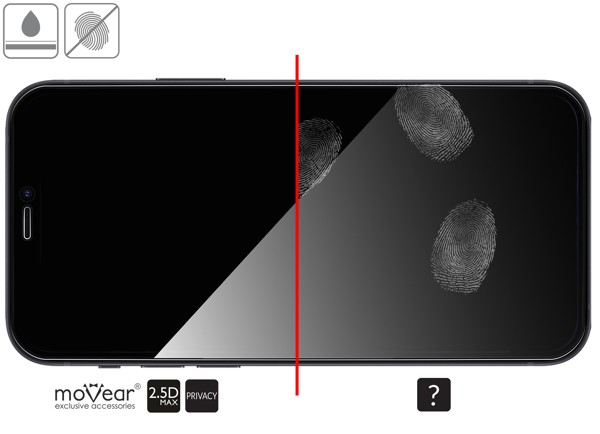 Zalety powierzchni oleofobowej szkła ochronnego moVear GLASS mSHIELD 2.5D MAX privacy na iPhone 12 Pro / 12 (6.1 Powłoka oleofobowa na matowym szkle hartowanym moVear GLASS mSHIELD 2.5D MAX privacy do Apple iPhone 12 Pro / 12 z ekranem o przekątnej 6.1 cala