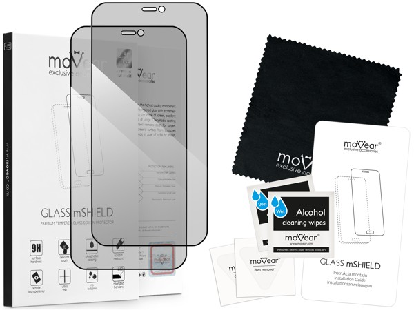 Zawartość zestawu moVear GLASS mSHIELD 2.5D MAX privacy na Apple iPhone 12 Pro / 12 (6.1 Co zawiera oryginalne opakowanie szkła moVear GLASS mSHIELD 2.5D MAX privacy do iPhone 12 Pro / 12 (6.1