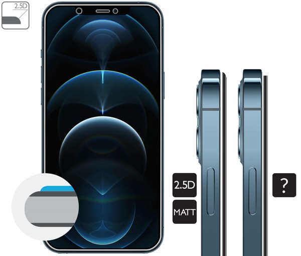 Graphic description of the 2.5D edge of moVear tempered glass GLASS mSHIELD 2.5D MATT for iPhone 12 Pro Max (6.7 Rounded safety edges 2.5D of moVear mSHIELD 2.5D MATT glass for Apple iPhone 12 Pro Max (6.7