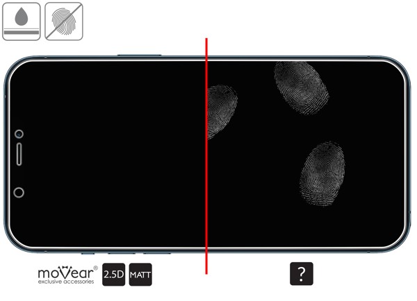 Advantages of the oleophobic surface of the protective glass moVear GLASS mSHIELD 2.5D MATT for Apple iPhone 12 Pro Max (6.7 Oleophobic coating on matt tempered glass moVear GLASS mSHIELD 2.5D MATT for Apple iPhone 12 Pro Max z ekranem o przekątnej 6.7 cala