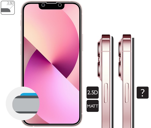 Opis graficzny krawędzi 2.5D szkła hartowanego moVear GLASS mSHIELD 2.5D MATT na iPhone 13 Mini (5.4 Zaokrąglone bezpieczne krawędzie 2.5D szkła moVear mSHIELD 2.5D MATT dla Apple iPhone 13 Mini (5.4