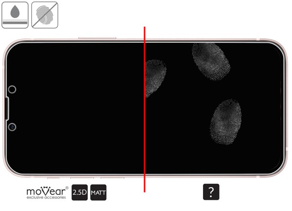 Zalety powierzchni oleofobowej szkła ochronnego moVear GLASS mSHIELD 2.5D MATT na iPhone 13 Mini (5.4 Powłoka oleofobowa na matowym szkle hartowanym moVear GLASS mSHIELD 2.5D MATT do Apple iPhone 13 Mini z ekranem o przekątnej 5.4 cala
