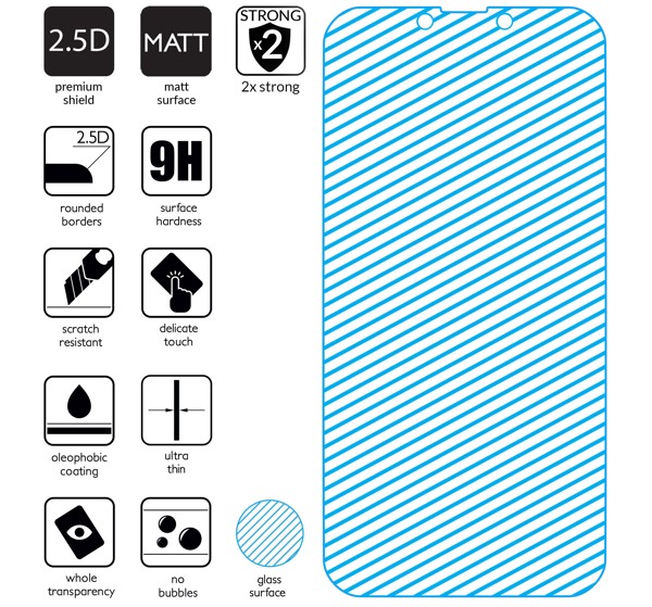 Podsumowanie cech szkła hartowanego moVear GLASS mSHIELD 2.5D MATT na Apple iPhone 13 Mini z ekranem o przekątnej 5.4 cala Najnowsze technologie w szkle hartowanym dla GLASS mSHIELD 2.5D MATT do Apple iPhone 13 Mini. Ikony cech.