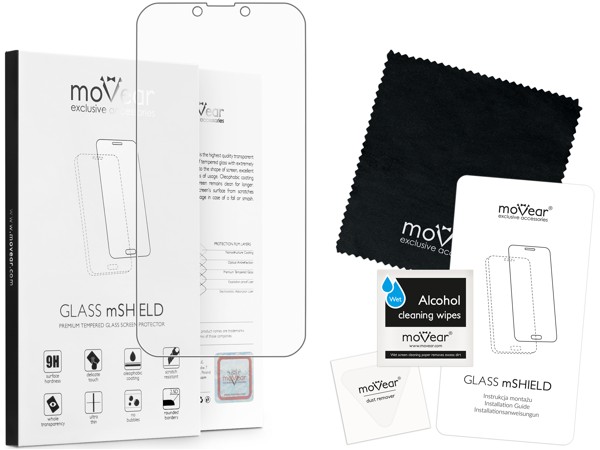 Zawartość zestawu moVear GLASS mSHIELD 2.5D MATT na Apple iPhone 13 Mini Co zawiera oryginalne opakowanie szkła moVear GLASS mSHIELD 2.5D MATT do Apple iPhone 13 Mini (5.4