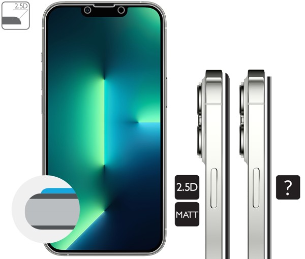 Opis graficzny krawędzi 2.5D szkła hartowanego moVear GLASS mSHIELD 2.5D MATT na iPhone 14 / 13 / 13 Pro Zaokrąglone bezpieczne krawędzie 2.5D szkła moVear mSHIELD 2.5D MATT dla iPhone 14 / 13 / 13 Pro.