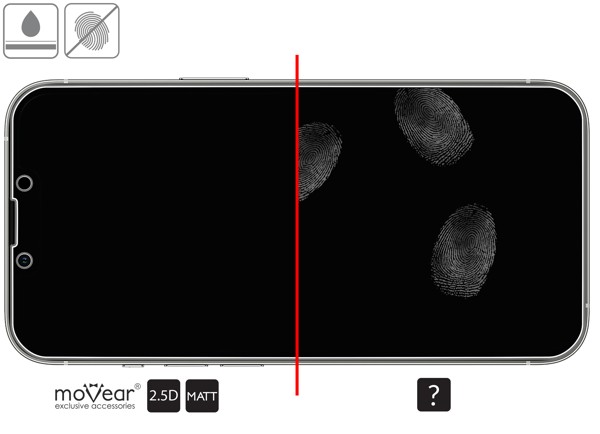 Zalety powierzchni oleofobowej szkła ochronnego moVear GLASS mSHIELD 2.5D MATT na iPhone 14 / 13 / 13 Pro Powłoka oleofobowa na matowym szkle hartowanym moVear GLASS mSHIELD 2.5D MATT do Apple iPhone 14 / 13 / 13 Pro z ekranem o przekątnej 6.1 cala