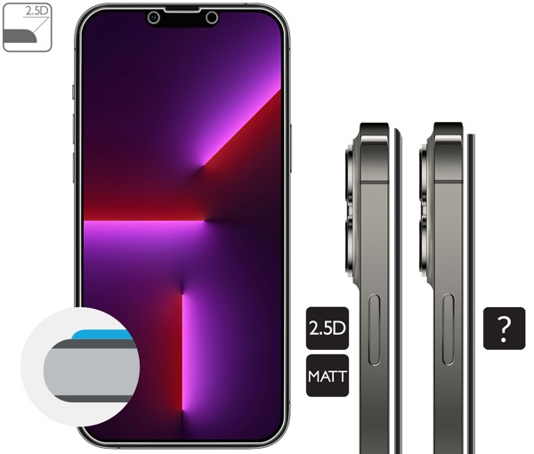 Opis graficzny krawędzi 2.5D szkła hartowanego moVear GLASS mSHIELD 2.5D MATT na Apple iPhone 13 Pro Max / 14 Plus (6.7 Zaokrąglone bezpieczne krawędzie 2.5D szkła moVear mSHIELD 2.5D MATT dla iPhone 14 Plus / 13 Pro Max.