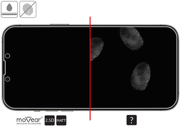 Zalety powierzchni oleofobowej szkła ochronnego moVear GLASS mSHIELD 2.5D MATT na Apple iPhone 13 Pro Max / 14 Plus (6.7 Powłoka oleofobowa na matowym szkle hartowanym moVear GLASS mSHIELD 2.5D MATT do Apple iPhone 14 Plus / 13 Pro Max z ekranem o przekątnej 6.7 cala