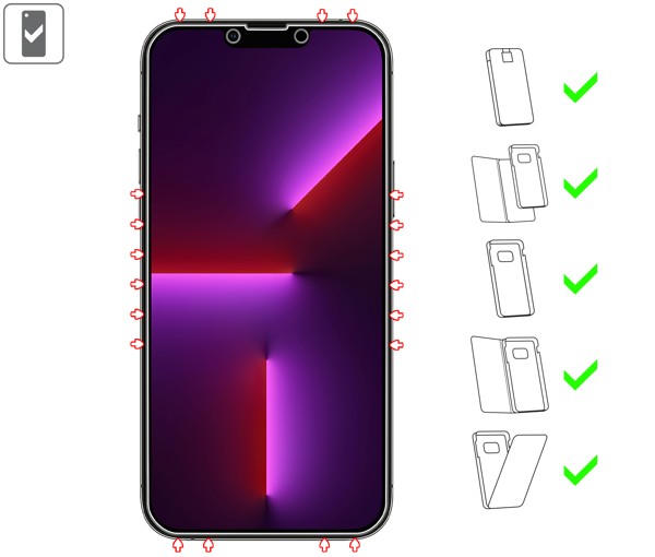 GLASS mSHIELD 2.5D MATT (Matowe, antyrefleksyjne) na iPhone 14 Plus / 13 Pro Max umożliwia użytkowanie z większością etui. Zastosuj etui aby jeszcze lepiej ochronić smartfon przed uszkodzeniami.