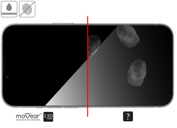 Zalety powierzchni oleofobowej szkła ochronnego moVear GLASS mSHIELD 2.5D MAX na iPhone 16e / 14 / 13 / 13 Pro (6.1 Powłoka oleofobowa na szkle hartowanym moVear GLASS mSHIELD 2.5D MAX do Apple iPhone 16e / 14 / 13 / 13 Pro z ekranem o przekątnej 6.1 cala