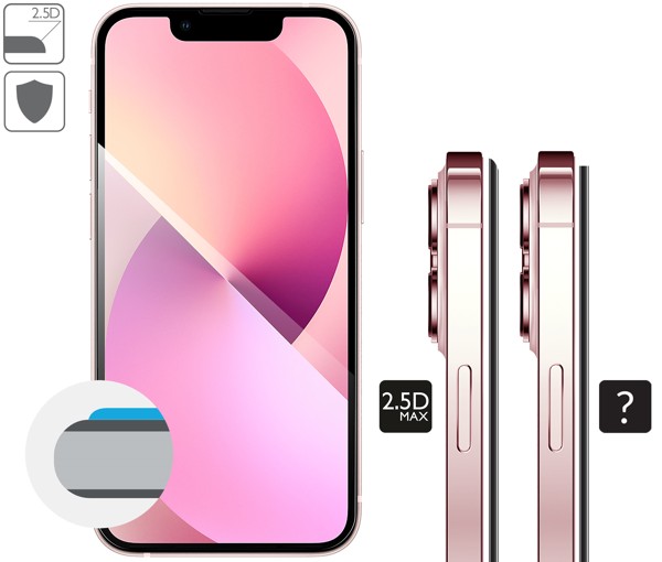Graphic description of the 2.5D MAX edge of moVear tempered glass GLASS mSHIELD 2.5D MAX for iPhone 13 Mini (5.4 Rounded safety edges 2.5D of moVear mSHIELD 2.5D MAX glass for iPhone 13 Mini.