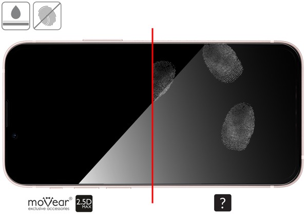 Advantages of the oleophobic surface of the protective glass moVear GLASS mSHIELD 2.5D MAX for iPhone 13 Mini (5.4 Oleophobic coating on tempered glass moVear GLASS mSHIELD 2.5D MAX for Apple iPhone 13 Mini z ekranem o przekątnej 5.4 cala